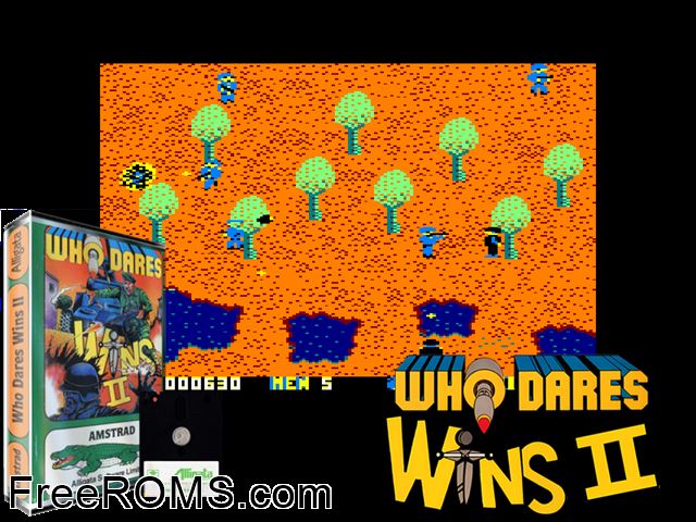 Who Dares Win 2 (UK) (1986) [a1] Amstrad CPC game showing 3D box cover and gameplay screenshot